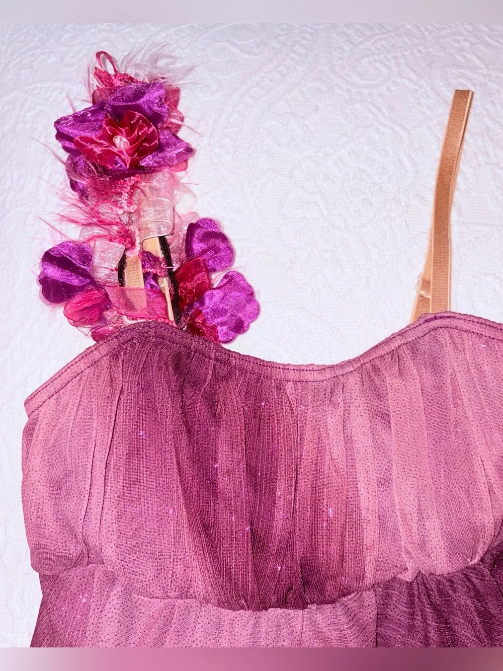 Weissman Plum Ombre Glitter Mesh Lyrical Dance Dress Floral Shoulder Strap XLC